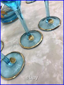 Vintage Romania Blue/Gold Decanter + 6 Cordials