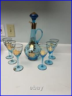 Vintage Romanian Blown Glass Decanter With6 Glasses, Aqua & Gold