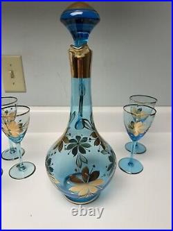 Vintage Romanian Blown Glass Decanter With6 Glasses, Aqua & Gold