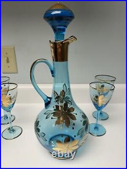 Vintage Romanian Blown Glass Decanter With6 Glasses, Aqua & Gold