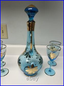 Vintage Romanian Blown Glass Decanter With6 Glasses, Aqua & Gold