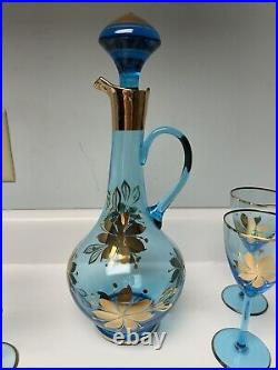 Vintage Romanian Blown Glass Decanter With6 Glasses, Aqua & Gold