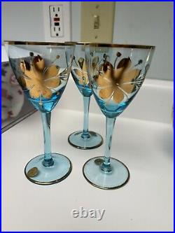 Vintage Romanian Blown Glass Decanter With6 Glasses, Aqua & Gold