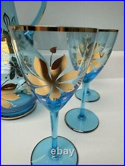 Vintage Romanian Blown Glass Decanter With6 Glasses, Aqua & Gold