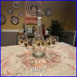 Vintage Romanian Bohemian Hand-Painted Butterfly & Pansy Glass Decanter Set