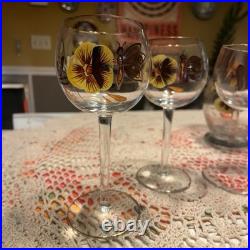 Vintage Romanian Bohemian Hand-Painted Butterfly & Pansy Glass Decanter Set