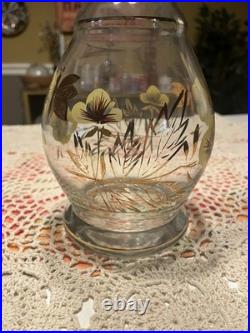 Vintage Romanian Bohemian Hand-Painted Butterfly & Pansy Glass Decanter Set