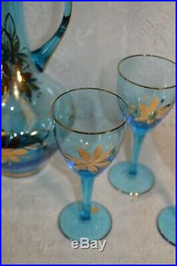 Vintage Romanian Handpainted Blue Glass Decanter and Glass Set