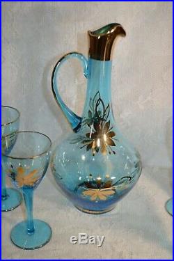 Vintage Romanian Handpainted Blue Glass Decanter and Glass Set