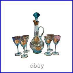 Vintage Romanie Cristiro Decanter Set with 24k trip and 6 Cordial Glasses