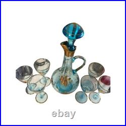 Vintage Romanie Cristiro Decanter Set with 24k trip and 6 Cordial Glasses