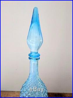 Vintage Rossini Empoli Blue Glass Genie Bottle Decanter Diamond Pattern 21