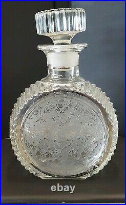 Vintage Round Etched Birds And Flowers GLASS Liquor DECANTER 8 7/8 Tall 750ml