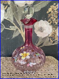 Vintage Rubina Art Glass Decanter Enamel Floral Thumbprint with Stopper 11 5/8