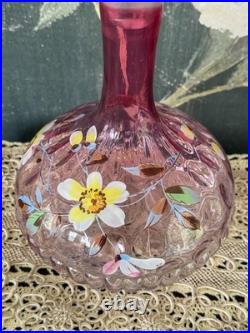 Vintage Rubina Art Glass Decanter Enamel Floral Thumbprint with Stopper 11 5/8
