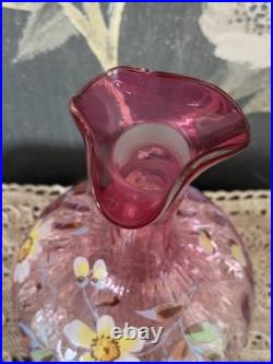 Vintage Rubina Art Glass Decanter Enamel Floral Thumbprint with Stopper 11 5/8