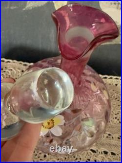 Vintage Rubina Art Glass Decanter Enamel Floral Thumbprint with Stopper 11 5/8