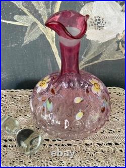 Vintage Rubina Art Glass Decanter Enamel Floral Thumbprint with Stopper 11 5/8