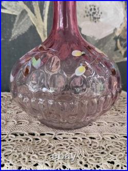 Vintage Rubina Art Glass Decanter Enamel Floral Thumbprint with Stopper 11 5/8