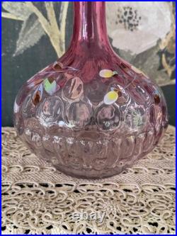 Vintage Rubina Art Glass Decanter Enamel Floral Thumbprint with Stopper 11 5/8