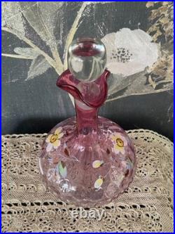 Vintage Rubina Art Glass Decanter Enamel Floral Thumbprint with Stopper 11 5/8