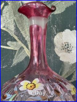 Vintage Rubina Art Glass Decanter Enamel Floral Thumbprint with Stopper 11 5/8