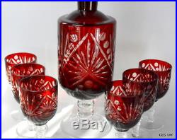 Vintage Ruby Red Cut to Clear Bohemian Czech Crystal Decanter & 6 glasses set