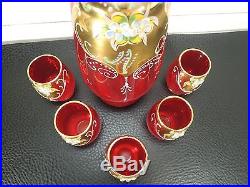 Vintage Ruby Red Gild Decanter Set Of 5 Pcs Cups Venetian Murano Enamel Glass