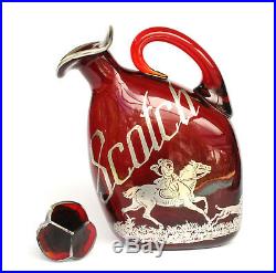 Vintage Ruby Red Glass Scotch Decanter Stopper Silver Overlay Hunting Scene