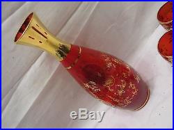 Vintage Ruby Red Glass Wine/Cordial Bar Set Gold Overlay Liqueur Decanter