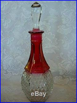 Vintage Ruby Red Stained Diamond Point Pressed Glass Wine Decanter/ Bottle