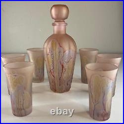 Vintage Rueven Handcrafted Art Glass Decanter & Glasses Set