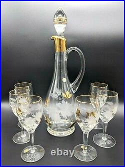 Vintage Rumania Romania Gold Trim Cut Crystal Decanter Six Stemmed Cordial Wine