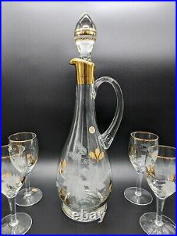 Vintage Rumania Romania Gold Trim Cut Crystal Decanter Six Stemmed Cordial Wine