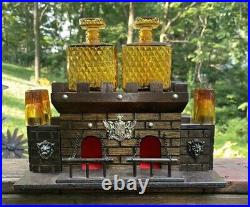 Vintage S. SPER BIJOU 2 Decanters W Shot Amber Glass Castle Hidden Bar Set