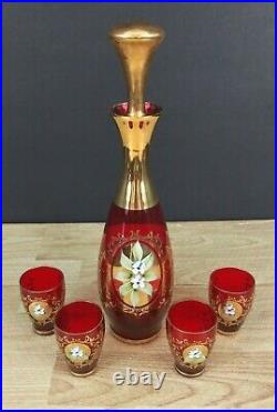Vintage SEYEI Victorian Glass Ruby Decanter Set Hand Painted Enameled Decoration