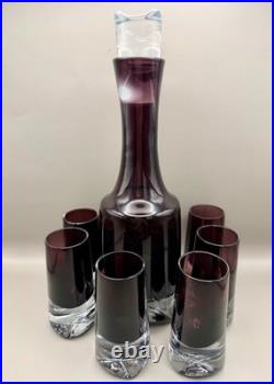 Vintage Scandinavian Amethyst Sommerso Glass Decanter Set 6 Shot Glasses