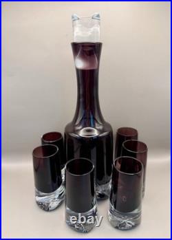 Vintage Scandinavian Amethyst Sommerso Glass Decanter Set 6 Shot Glasses