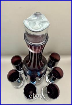 Vintage Scandinavian Amethyst Sommerso Glass Decanter Set 6 Shot Glasses