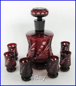 Vintage Set 6 Liqueur Cups Decanter Red Ruby Crystal Hand Cut