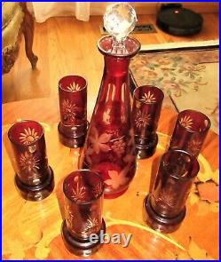 Vintage Set of Romanian Hand Cut to Clear Crystal Ruby Red Decanter 6 Glasses