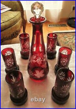 Vintage Set of Romanian Hand Cut to Clear Crystal Ruby Red Decanter 6 Glasses