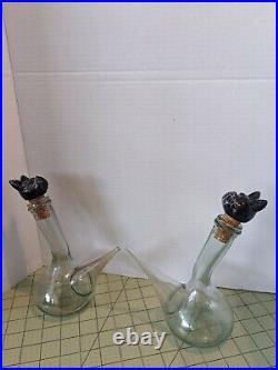 Vintage Set of TWO Hand-Blown Glass Wine Porron Decanters Black Marble FRENCHIES