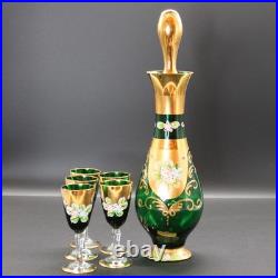 Vintage Seyei Emerald Green and Gold Cordial Decanter and Glasses Floral MCM