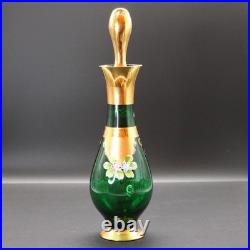 Vintage Seyei Emerald Green and Gold Cordial Decanter and Glasses Floral MCM