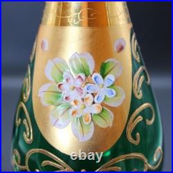 Vintage Seyei Emerald Green and Gold Cordial Decanter and Glasses Floral MCM