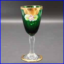 Vintage Seyei Emerald Green and Gold Cordial Decanter and Glasses Floral MCM