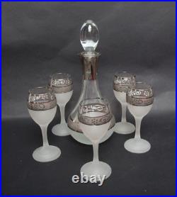 Vintage Silver Overlay Frosted Glass Liquor Decanter w Stopper & 5 Pc Cordial