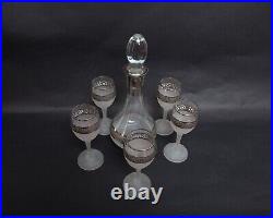 Vintage Silver Overlay Frosted Glass Liquor Decanter w Stopper & 5 Pc Cordial