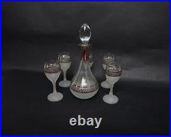 Vintage Silver Overlay Frosted Glass Liquor Decanter w Stopper & 5 Pc Cordial